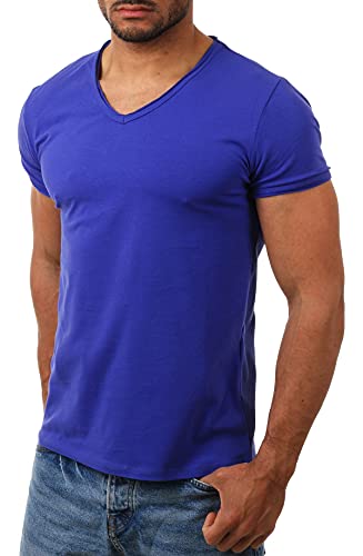 Carisma Herren Uni Basic T-Shirt mit tiefem V-Ausschnitt Vintage Look Kragen Effekt einfarbig Dehnbare Passform, Grösse:XS, Farbe:Blau-Lila von Carisma