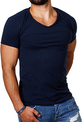 Carisma Herren Uni Basic T-Shirt mit tiefem V-Ausschnitt Vintage Look Kragen Effekt einfarbig Dehnbare Passform, Grösse:XS, Farbe:Dunkelblau von Carisma