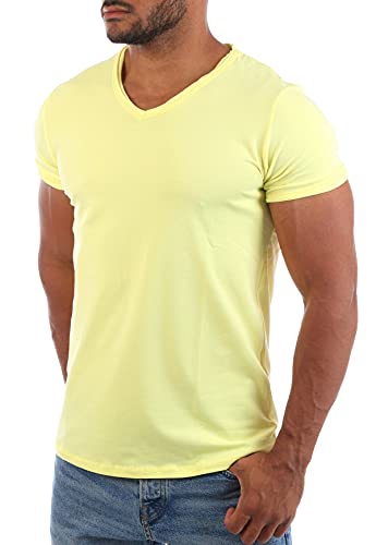 Carisma Herren Uni Basic T-Shirt mit tiefem V-Ausschnitt Vintage Look Kragen Effekt einfarbig Dehnbare Passform, Grösse:XS, Farbe:Hellgelb von Carisma