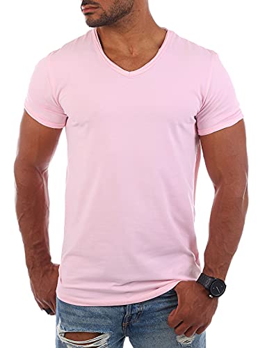 Carisma Herren Uni Basic T-Shirt mit tiefem V-Ausschnitt Vintage Look Kragen Effekt einfarbig Dehnbare Passform, Grösse:XS, Farbe:Rosa von Carisma