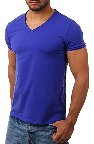 Carisma Herren Uni Basic T-Shirt mit tiefem V-Ausschnitt Vintage Look Kragen Effekt einfarbig Dehnbare Passform, Grösse:S, Farbe:Blau-Lila von Carisma