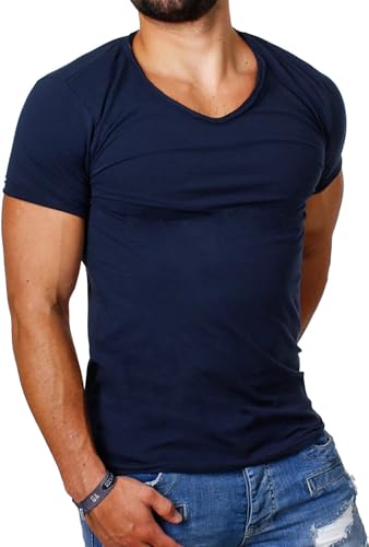 Carisma Herren Uni Basic T-Shirt mit tiefem V-Ausschnitt Vintage Destroyed Kragen Effekt einfarbig Dehnbare Passform, Grösse:XXL, Farbe:Dunkelblau von Carisma