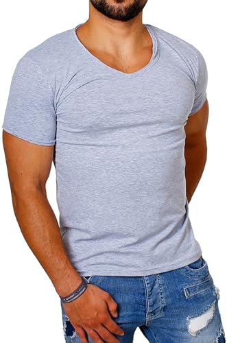 Carisma Herren Uni Basic T-Shirt mit tiefem V-Ausschnitt Vintage Destroyed Kragen Effekt einfarbig Dehnbare Passform, Grösse:XXL, Farbe:Grau von Carisma
