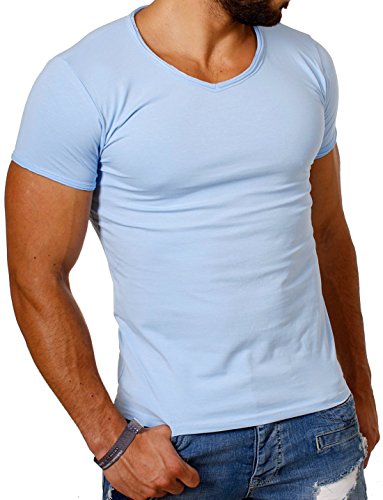 Carisma Herren Uni Basic T-Shirt mit tiefem V-Ausschnitt Vintage Look Kragen Effekt einfarbig Dehnbare Passform, Grösse:XXL, Farbe:Hellblau von Carisma