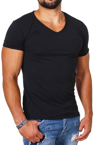 Carisma Herren Uni Basic T-Shirt mit tiefem V-Ausschnitt Vintage Destroyed Kragen Effekt einfarbig Dehnbare Passform, Grösse:XXL, Farbe:Schwarz von Carisma