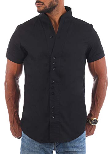 Carisma Herren Uni Kurzarm Stehkragen Hemd Freizeit Casual einfarbig Basic Shirt körperbetont 9118/9119, Grösse:L, Farbe:Schwarz von Carisma