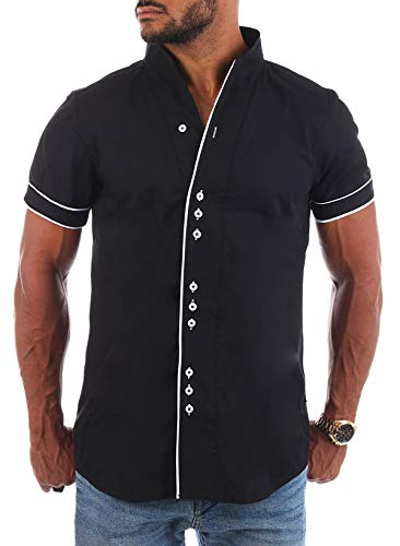 Carisma Herren Uni Kurzarm Stehkragen Hemd Freizeit Casual einfarbig Basic Shirt körperbetont 9118/9119, Grösse:L, Farbe:Schwarz/Weiß von Carisma