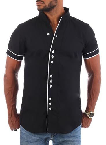 Carisma Herren Uni Kurzarm Stehkragen Hemd Freizeit Casual einfarbig Basic Shirt körperbetont 9118-9119, Grösse:L, Farbe:Schwarz/Weiß von Carisma