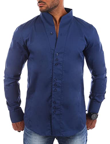 Carisma Herren Uni Langarm Stehkragen Hemd Slimfit tailliert figurbetont Party Club Look Optik Freizeit Casual einfarbig Basic, Grösse:3XL, Farbe:Dunkelblau von Carisma