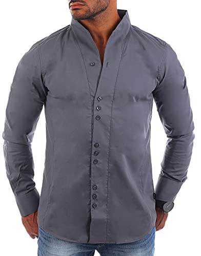 Carisma Herren Uni Langarm Stehkragen Hemd Slimfit tailliert figurbetont Party Club Look Optik Freizeit Casual einfarbig Basic, Grösse:3XL, Farbe:Dunkelgrau von Carisma