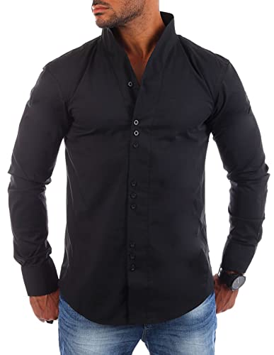 Carisma Herren Uni Langarm Stehkragen Hemd Slimfit tailliert figurbetont Party Club Look Optik Freizeit Casual einfarbig Basic, Grösse:3XL, Farbe:Schwarz von Carisma