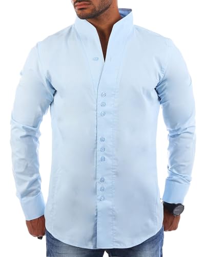 Carisma Herren Uni Langarm Stehkragen Hemd Slimfit tailliert figurbetont Party Club Look Optik Freizeit Casual einfarbig Basic H-902, Grösse:4XL, Farbe:Hellblau von Carisma