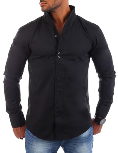 Carisma Herren Uni Langarm Stehkragen Hemd Slimfit tailliert figurbetont Party Club Look Optik Freizeit Casual einfarbig Basic, Grösse:4XL, Farbe:Schwarz von Carisma