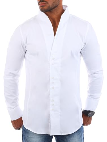 Carisma Herren Uni Langarm Stehkragen Hemd Slimfit tailliert figurbetont Party Club Look Optik Freizeit Casual einfarbig Basic H-902, Grösse:4XL, Farbe:Weiß von Carisma