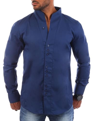 Carisma Herren Uni Langarm Stehkragen Hemd Slimfit tailliert figurbetont Party Club Look Optik Freizeit Casual einfarbig Basic H-902, Grösse:L, Farbe:Dunkelblau von Carisma