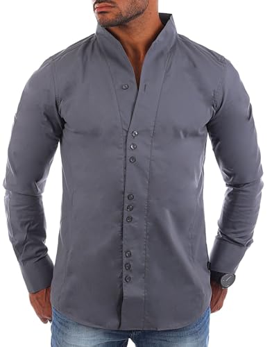 Carisma Herren Uni Langarm Stehkragen Hemd Slimfit tailliert figurbetont Party Club Look Optik Freizeit Casual einfarbig Basic H-902, Grösse:L, Farbe:Dunkelgrau von Carisma