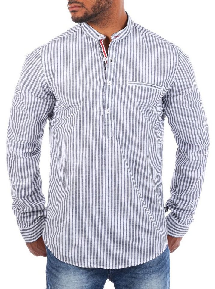 CARISMA Langarmhemd Herren Baumwoll Leinen Mix Tunika Hemd 8454 Regular Langarm Stehkragen Gestreift von CARISMA