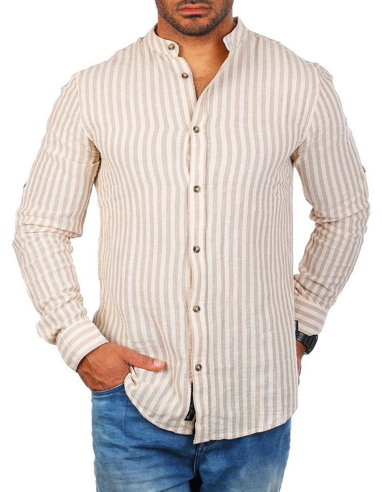 CARISMA Langarmhemd Herren Hemd trendig luftig grob gewebt retro Look 8607 Regular Langarm Stehkragen Gestreift von CARISMA