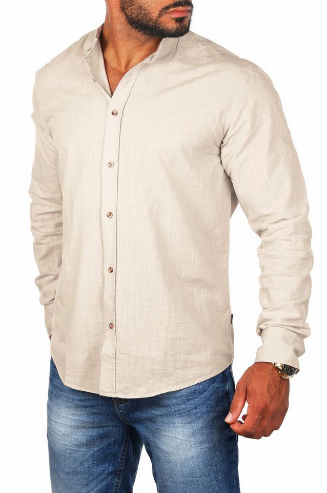CARISMA Langarmhemd Herren Leinen Baumwoll Mix Hemd 8389 Regular Langarm Stehkragen Uni von CARISMA