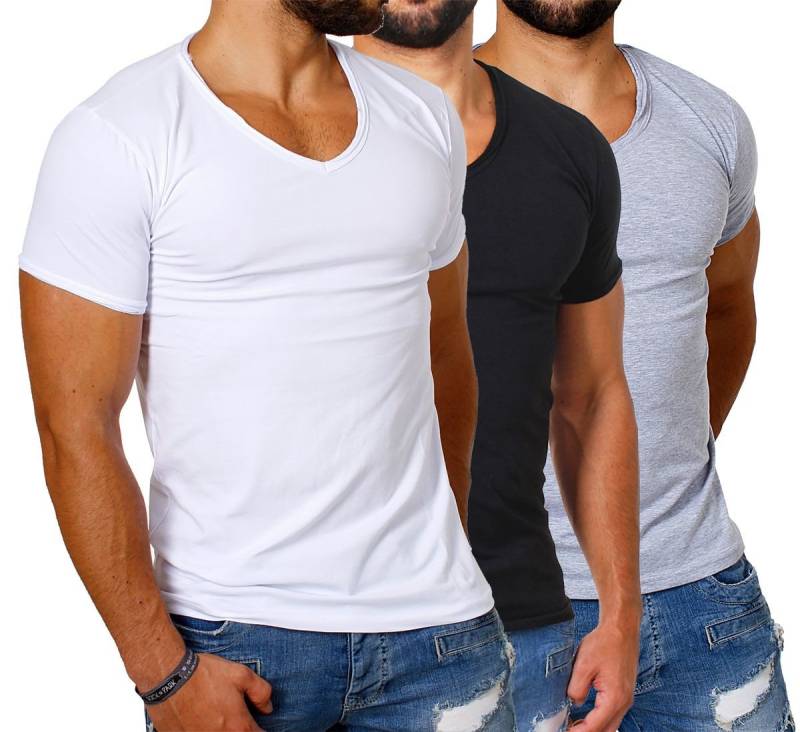 CARISMA T-Shirt Herren Uni Basic 4066 tief-breit geschnittener Ausschnitt vintage Look V-Ausschnitt unifarben kurzarm slim fit von CARISMA