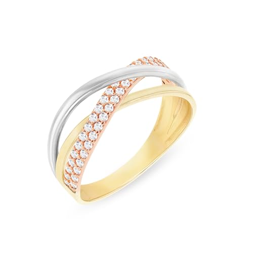 CARISSIMA Damen 9ct 3-Farbiges Gold 1mm CZ Überkreuz-Ring #T von CARISSIMA