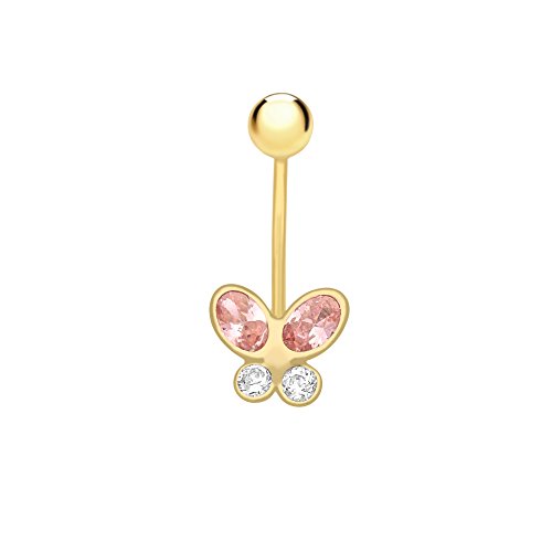 CARISSIMA Damen Bauchnabelpiercing aus 9karätigem Gelbgold mit Zirkonia, Farbe: pink und weiß, Motiv: Schmetterling von CARISSIMA