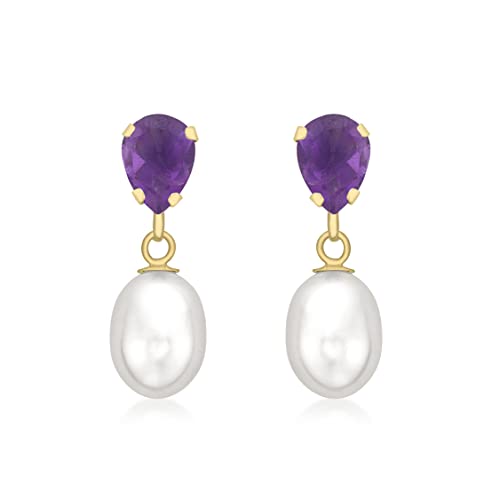 Carissima Gold Damen 9k (375) Gelbgold Amethyst und Perle 7 mm x 20 mm Teardrop Ohrringe 1.58.8649 von CARISSIMA