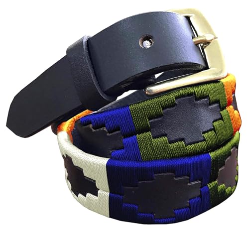 CARLOS DIAZ Dünner Herren Damen Unisex Braunes Leder Bestickt Polo Gürtel (85 cm/ 30 Inches) von CARLOS DIAZ