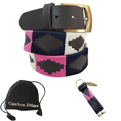 CARLOS DIAZ Herren Damen Premium Unisex Braunes Leder Bestickt Designer Polo Gürtel (85 cm/ 32-34 Inches) von CARLOS DIAZ