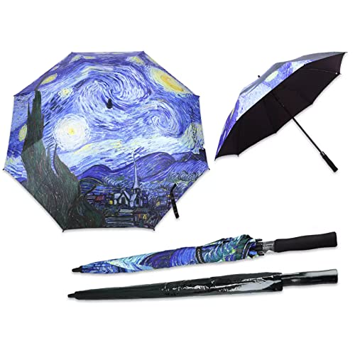 Carmani - Regenschirm Stockschirm Manuelles Öffnen Schließen Langer Griff Gerader Stab Regenschirm bedruckt mit Vincent van Gogh, The Starry Night, Medium von CARMANI