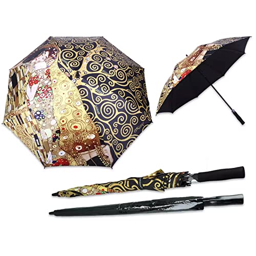 CARMANI - Regenschirm Stick Regenschirm Manuell Öffnungsschließender langer Griff gerader Stab Regenschirm bedruckt mit Gustav Klimt, Der Kuss und Baum des Lebens von CARMANI