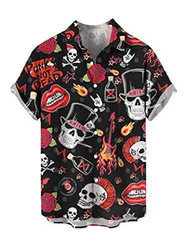 CARNOBA Herrenhemd mit 3D-Druck Retro Rose Totenkopf Kurzarm Revershemden Sommer Regular Button Strandhemd Lässige Hawaii-Oberteile von CARNOBA