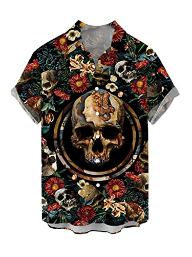 CARNOBA Herrenhemd mit 3D-Druck Retro Rose Totenkopf Kurzarm Revershemden Sommer Regular Button Strandhemd Lässige Hawaii-Oberteile von CARNOBA