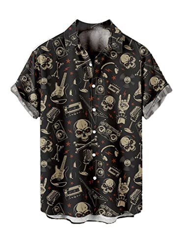 CARNOBA Herrenhemd mit 3D-Druck Retro Rose Totenkopf Kurzarm Revershemden Sommer Regular Button Strandhemd Lässige Hawaii-Oberteile von CARNOBA
