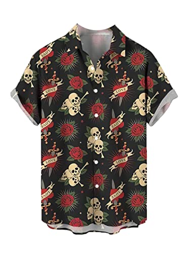 CARNOBA Herrenhemd mit 3D-Druck Retro Rose Totenkopf Kurzarm Revershemden Sommer Regular Button Strandhemd Lässige Hawaii-Oberteile von CARNOBA