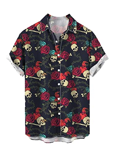 CARNOBA Herrenhemd mit 3D-Druck Retro Rose Totenkopf Kurzarm Revershemden Sommer Regular Button Strandhemd Lässige Hawaii-Oberteile von CARNOBA