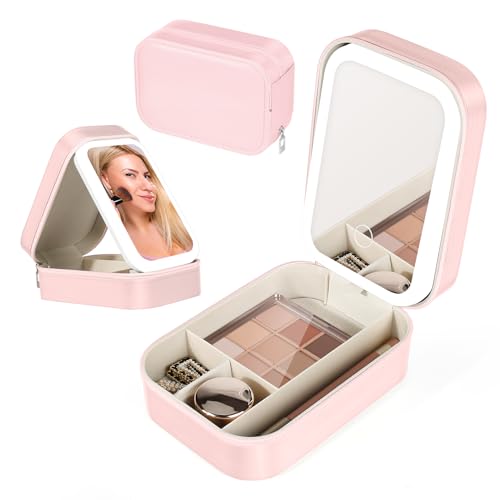 Reise-Make-up-Tasche mit LED-Spiegel, LED-Make-up-Tasche, Kleiner Make-up-Organizer mit Licht, tragbare Make-up-Box mit Spiegel und Licht, Geschenk für Mädchen und Frauen (Rosa) von CAROOTU