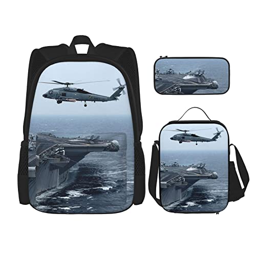 CARRDKDK Bedruckter Rucksack mit Sonnenuntergang am Strand, 3-teiliges Set, Schultaschen, Büchertasche mit Lunchbox und Federmäppchen, Set für Jungen und Mädchen, Flugzeugträger, Einheitsgröße, von CARRDKDK