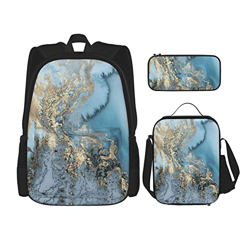 CARRDKDK Bedruckter Rucksack mit Sonnenuntergang am Strand, 3-teiliges Set, Schultaschen, Büchertasche mit Lunchbox und Federmäppchen, Set für Jungen und Mädchen, Marmor, Einheitsgröße von CARRDKDK