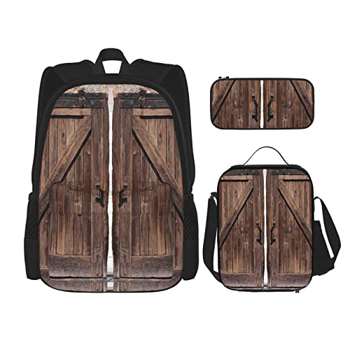 CARRDKDK Bedruckter Rucksack mit Sonnenuntergang am Strand, 3-teiliges Set, Schultaschen, Büchertasche mit Lunchbox und Federmäppchen, Set für Jungen und Mädchen, Scheunentür aus Holz, Einheitsgröße, von CARRDKDK