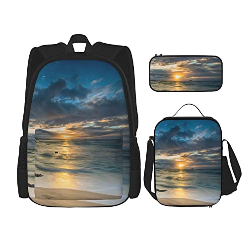 CARRDKDK Bedruckter Rucksack mit Sonnenuntergang am Strand, 3-teiliges Set, Schultaschen, Büchertasche mit Lunchbox und Federmäppchen, Set für Jungen und Mädchen, Sonnenuntergang Strand, von CARRDKDK