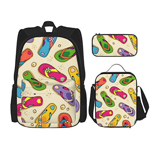 CARRDKDK Bunte Flip-Flops bedruckter Rucksack, 3-teiliges Set, Schultaschen, Büchertasche mit Lunchbox und Federmäppchen für Jungen und Mädchen, Farbenfrohe Flip-Flops, Einheitsgröße von CARRDKDK