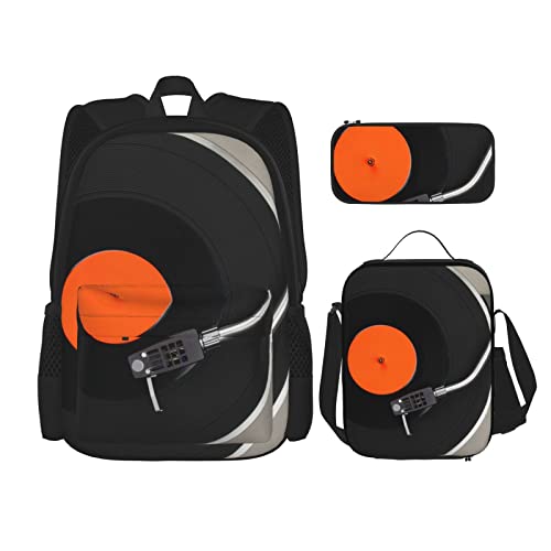 CARRDKDK Bunte Flip-Flops bedruckter Rucksack, 3-teiliges Set, Schultaschen, Büchertasche mit Lunchbox und Federmäppchen für Jungen und Mädchen, Vinyl-Schallplatte, Einheitsgröße von CARRDKDK