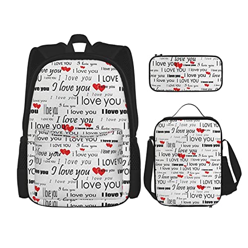 CARRDKDK Clock Gear Bedruckter Rucksack, 3-teiliges Set, Schultaschen, Büchertasche mit Lunchbox und Federmäppchen, Set für Jungen und Mädchen, I Love You Words With Hearts, Einheitsgröße von CARRDKDK