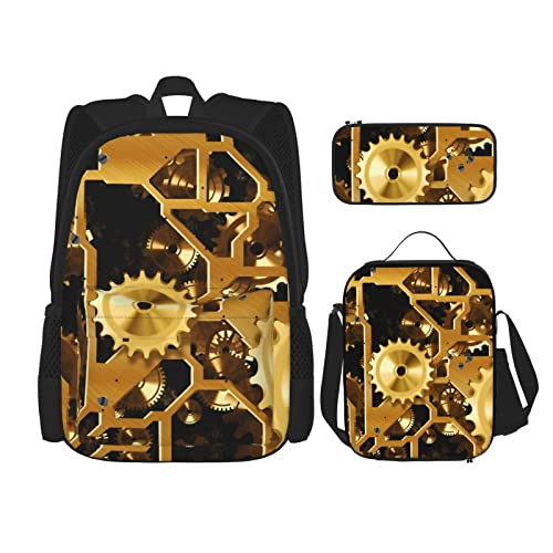 CARRDKDK Clock Gear Bedruckter Rucksack, 3-teiliges Set, Schultaschen, Büchertasche mit Lunchbox und Federmäppchen, Set für Jungen und Mädchen, Uhrengetriebe, Einheitsgröße von CARRDKDK