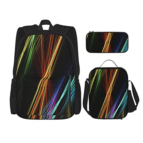 CARRDKDK Crayons Bedruckter Rucksack, 3-teiliges Set, Schultaschen, Büchertasche mit Lunchbox und Federmäppchen, Set für Jungen und Mädchen, Bunte Linien-Kunst., Einheitsgröße von CARRDKDK