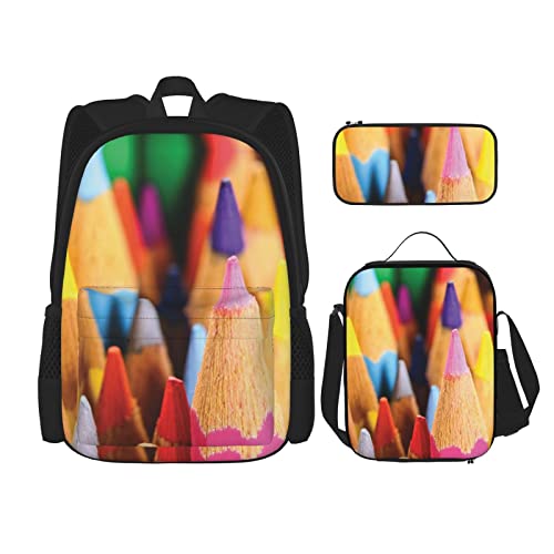 CARRDKDK Crayons Bedruckter Rucksack, 3-teiliges Set, Schultaschen, Büchertasche mit Lunchbox und Federmäppchen, Set für Jungen und Mädchen, Buntstifte, Einheitsgröße von CARRDKDK