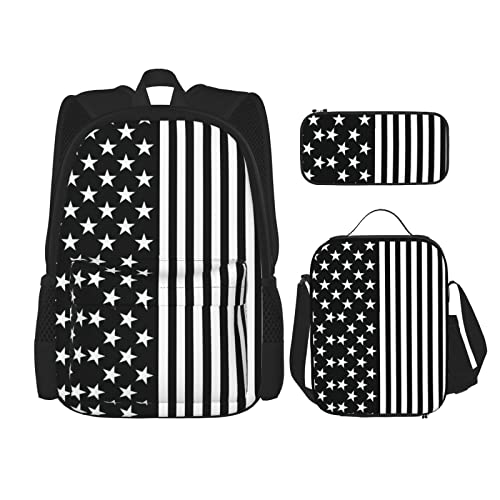 CARRDKDK Crayons Bedruckter Rucksack, 3-teiliges Set, Schultaschen, Büchertasche mit Lunchbox und Federmäppchen, Set für Jungen und Mädchen, Schwarz-weiße US-Flagge., Einheitsgröße von CARRDKDK