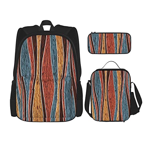 CARRDKDK Dampfzug bedruckter Rucksack, 3-teiliges Set, Schultaschen, Büchertasche mit Lunchbox und Federmäppchen, Set für Jungen und Mädchen, Bunte Streifen, Einheitsgröße von CARRDKDK