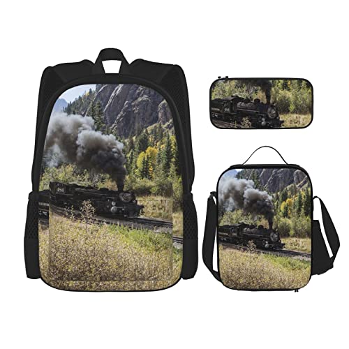 CARRDKDK Dampfzug bedruckter Rucksack, 3-teiliges Set, Schultaschen, Büchertasche mit Lunchbox und Federmäppchen, Set für Jungen und Mädchen, Dampflokomotive Zug, Einheitsgröße von CARRDKDK